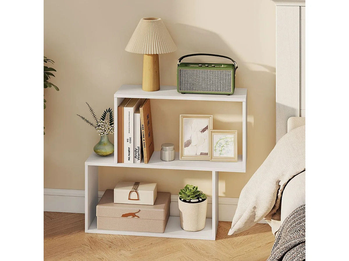 Bibliothèque Géométrique à 3 Niveaux Bibliothèque en Bois Autoportante avec 2 Compartiments Cubiques Étagère de Rangement Ouverte Blanc