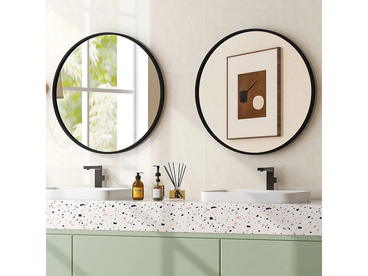 Miroir Rond Noir 61 cm Miroir Mural avec Cadre en Métal Mat Brossé Antirouille pour Décoration Minimaliste Moderne