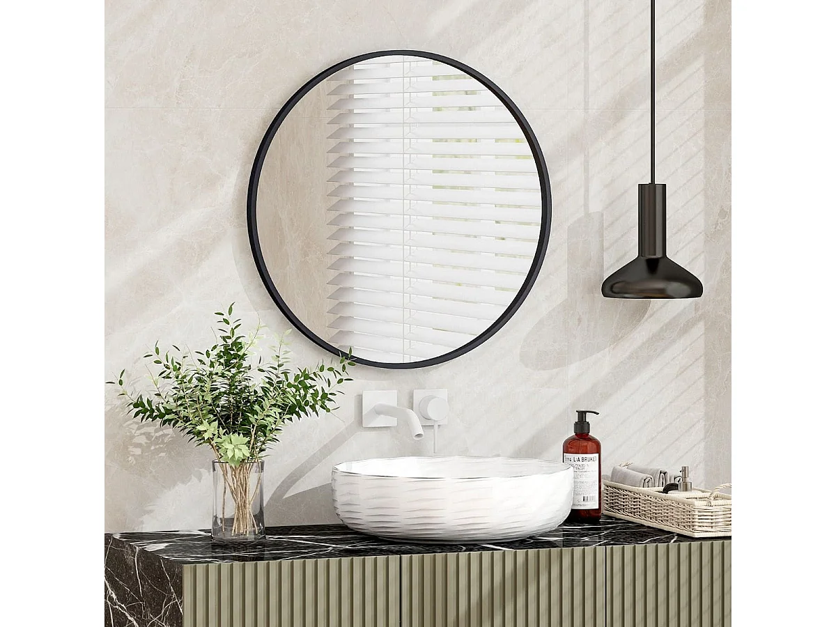 Miroir Rond Noir 61 cm Miroir Mural avec Cadre en Métal Mat Brossé Antirouille pour Décoration Minimaliste Moderne