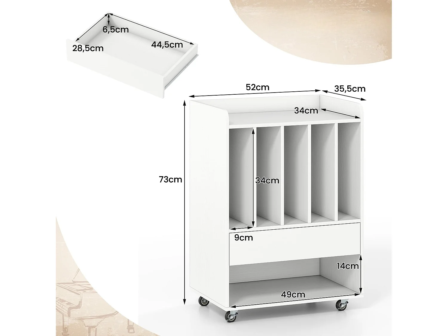 Mobiler Plattenspieler-Schrank mit Fächern für Schallplatten und einer Schublade