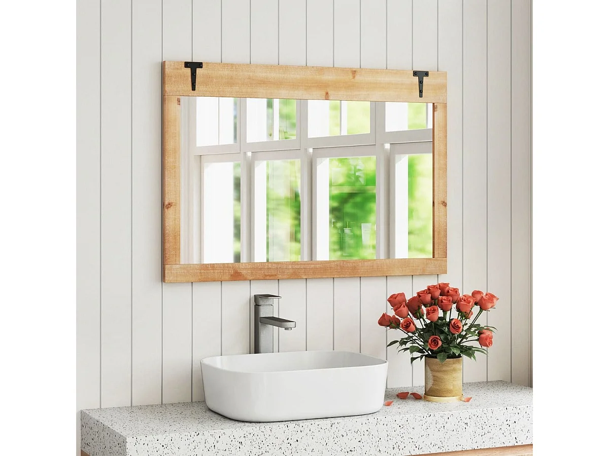 Miroir Mural 97 x 67cm Miroir de Style Rustique avec Cadre en Bois de Sapin Naturel Crochets en Métal Montage Vertical et Horizontal Naturel