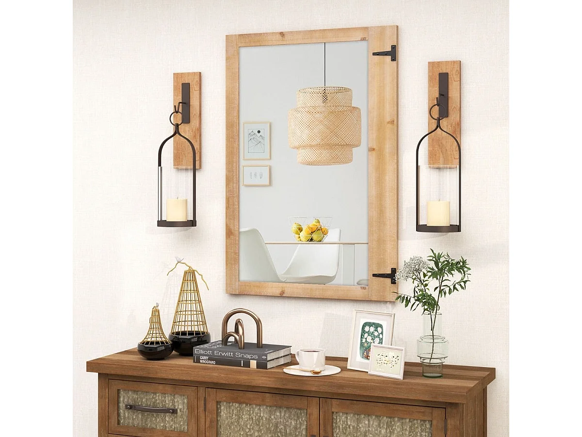 Miroir Mural 97 x 67cm Miroir de Style Rustique avec Cadre en Bois de Sapin Naturel Crochets en Métal Montage Vertical et Horizontal Naturel