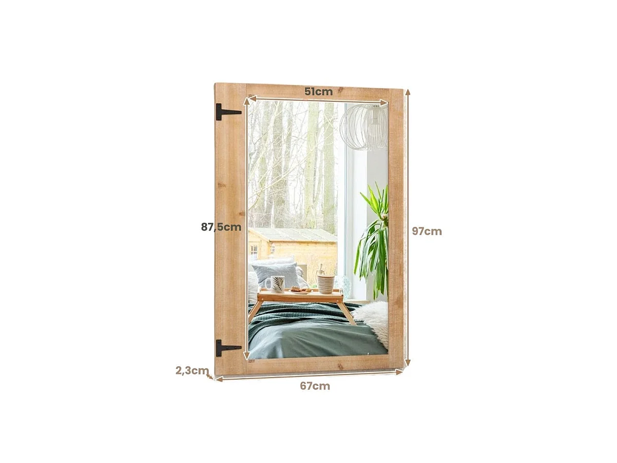 Miroir Mural 97 x 67cm Miroir de Style Rustique avec Cadre en Bois de Sapin Naturel Crochets en Métal Montage Vertical et Horizontal Naturel