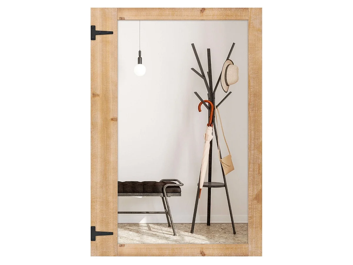 Miroir Mural 97 x 67cm Miroir de Style Rustique avec Cadre en Bois de Sapin Naturel Crochets en Métal Montage Vertical et Horizontal Naturel