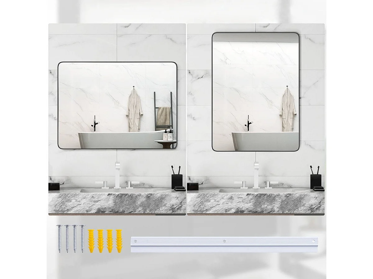 Miroir Mural 76,5x56cm pour Salle de Bain Miroir Mural de Courtoisie Rectangulaire Cadre en Métal Robuste Noir (Horizontal/Vertical)
