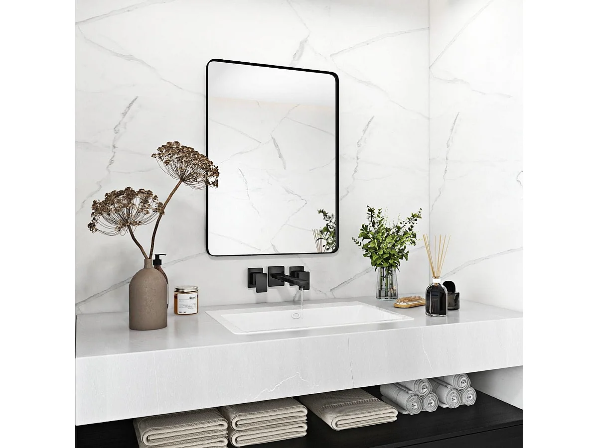 Miroir Mural 76,5x56cm pour Salle de Bain Miroir Mural de Courtoisie Rectangulaire Cadre en Métal Robuste Noir (Horizontal/Vertical)
