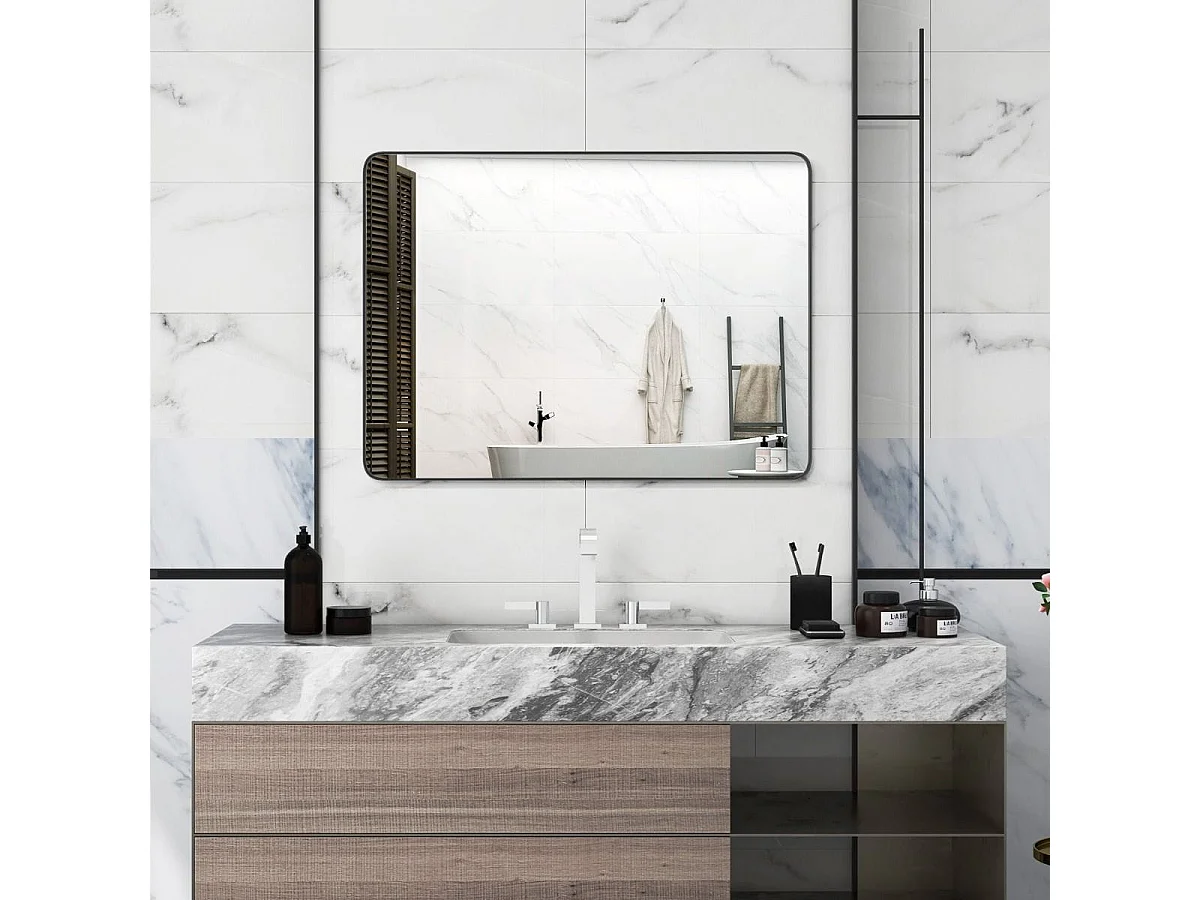 Miroir Mural 76,5x56cm pour Salle de Bain Miroir Mural de Courtoisie Rectangulaire Cadre en Métal Robuste Noir (Horizontal/Vertical)