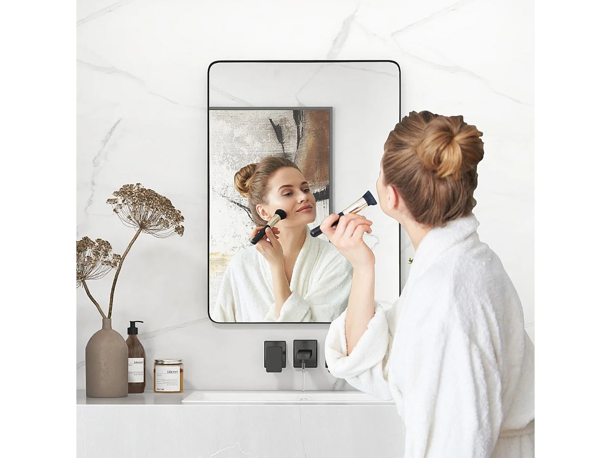 Miroir Mural 76,5x56cm pour Salle de Bain Miroir Mural de Courtoisie Rectangulaire Cadre en Métal Robuste Noir (Horizontal/Vertical)