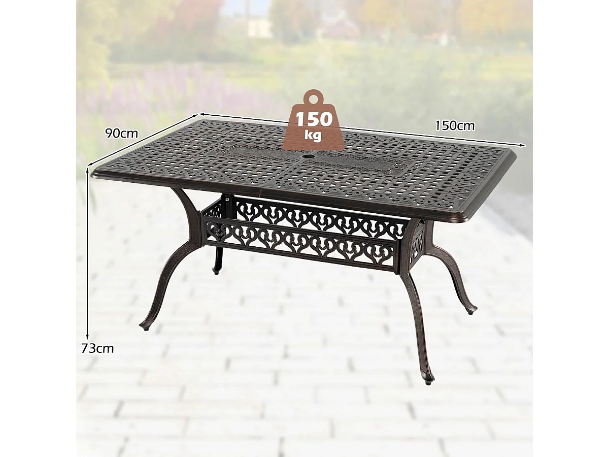 Tavolo da giardino con piano decorativo e foro per l'ombrellone