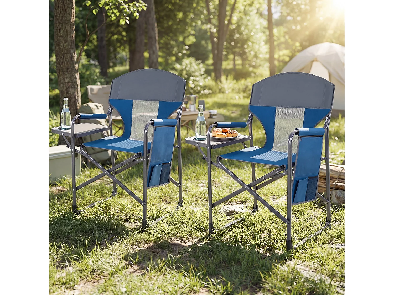 Klappbarer Regiestuhl mit Seitentisch & Seitentasche & Getränkehalter Campingstuhl Blau