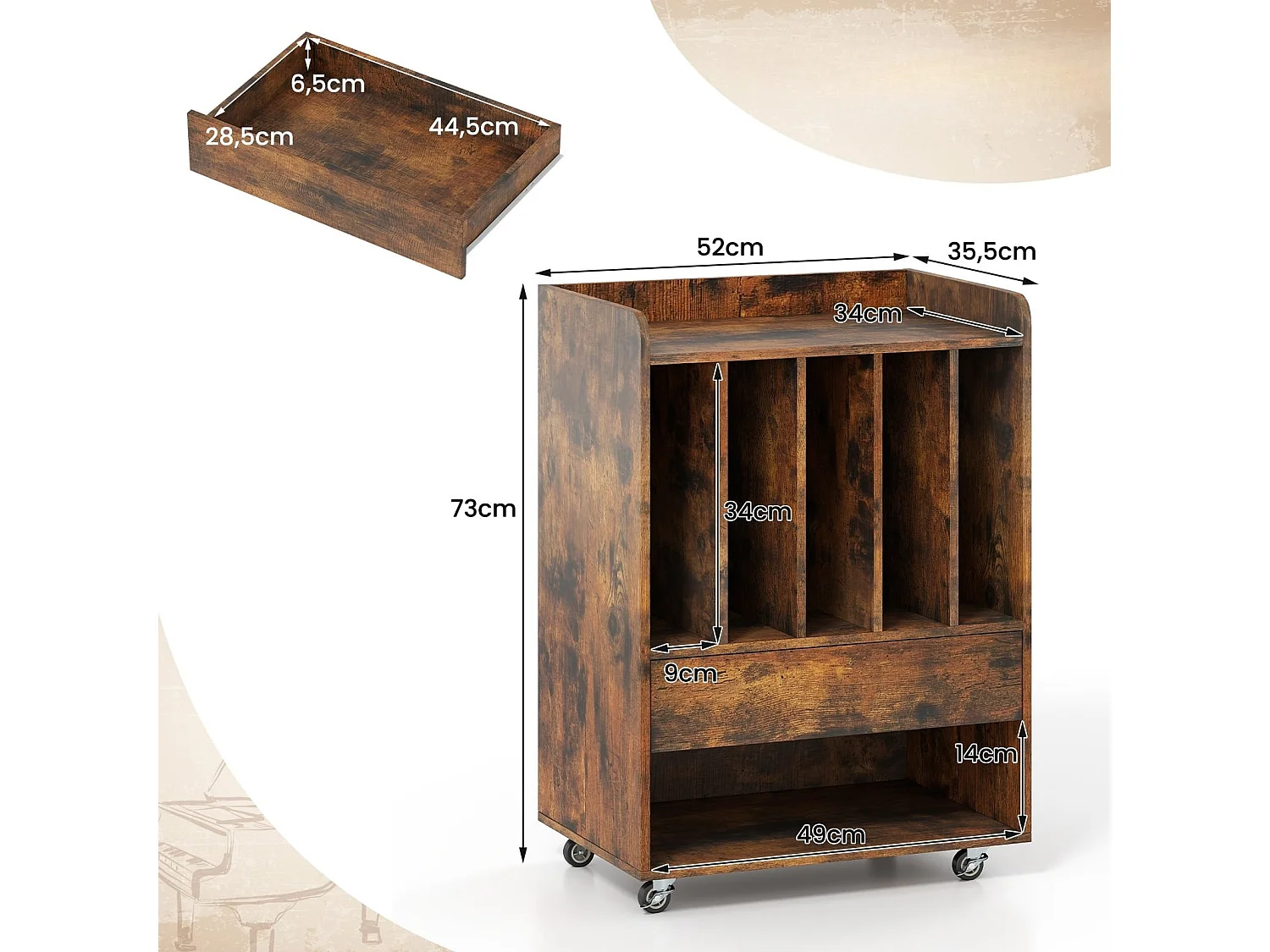 Mobiler Plattenspieler-Schrank mit Fächern für Schallplatten und einer Schublade