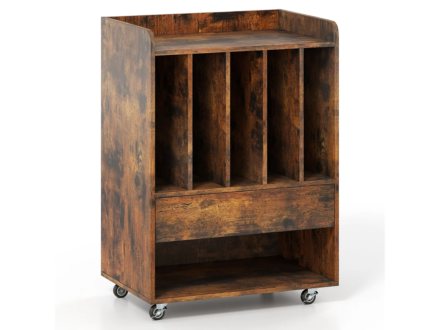 Mobiler Plattenspieler-Schrank mit Fächern für Schallplatten und einer Schublade