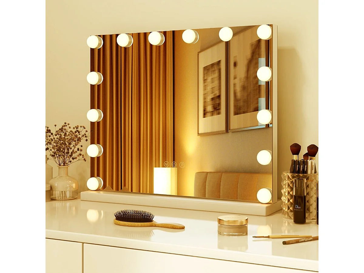 Miroir de Maquillage 14 Ampoules LED Loupe x5 Miroir de Courtoisie Eclairé de Table 3 Modes d'Eclairage Réglable