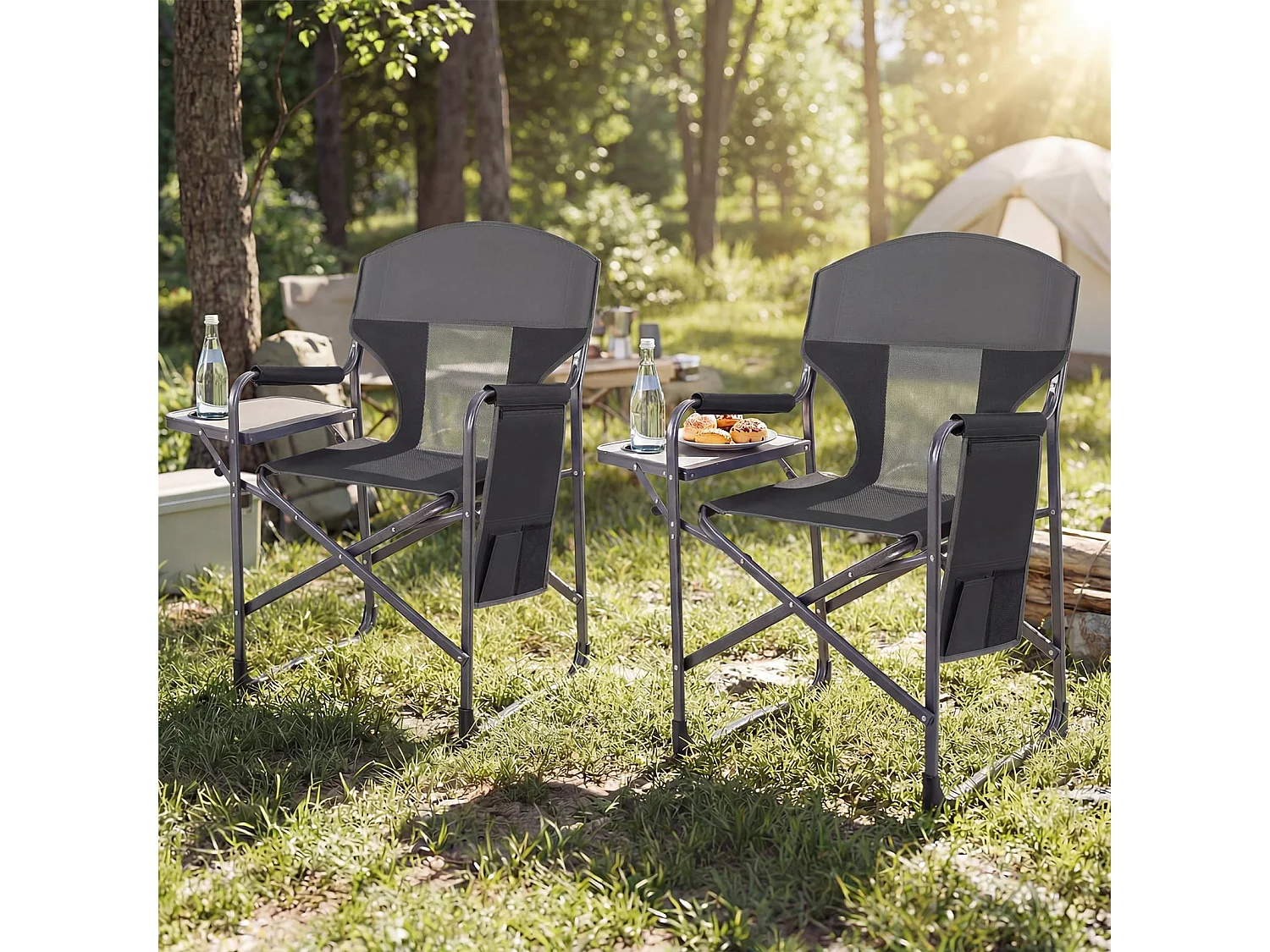 Klappbarer Regiestuhl mit Seitentisch & Seitentasche & Getränkehalter Campingstuhl Schwarz