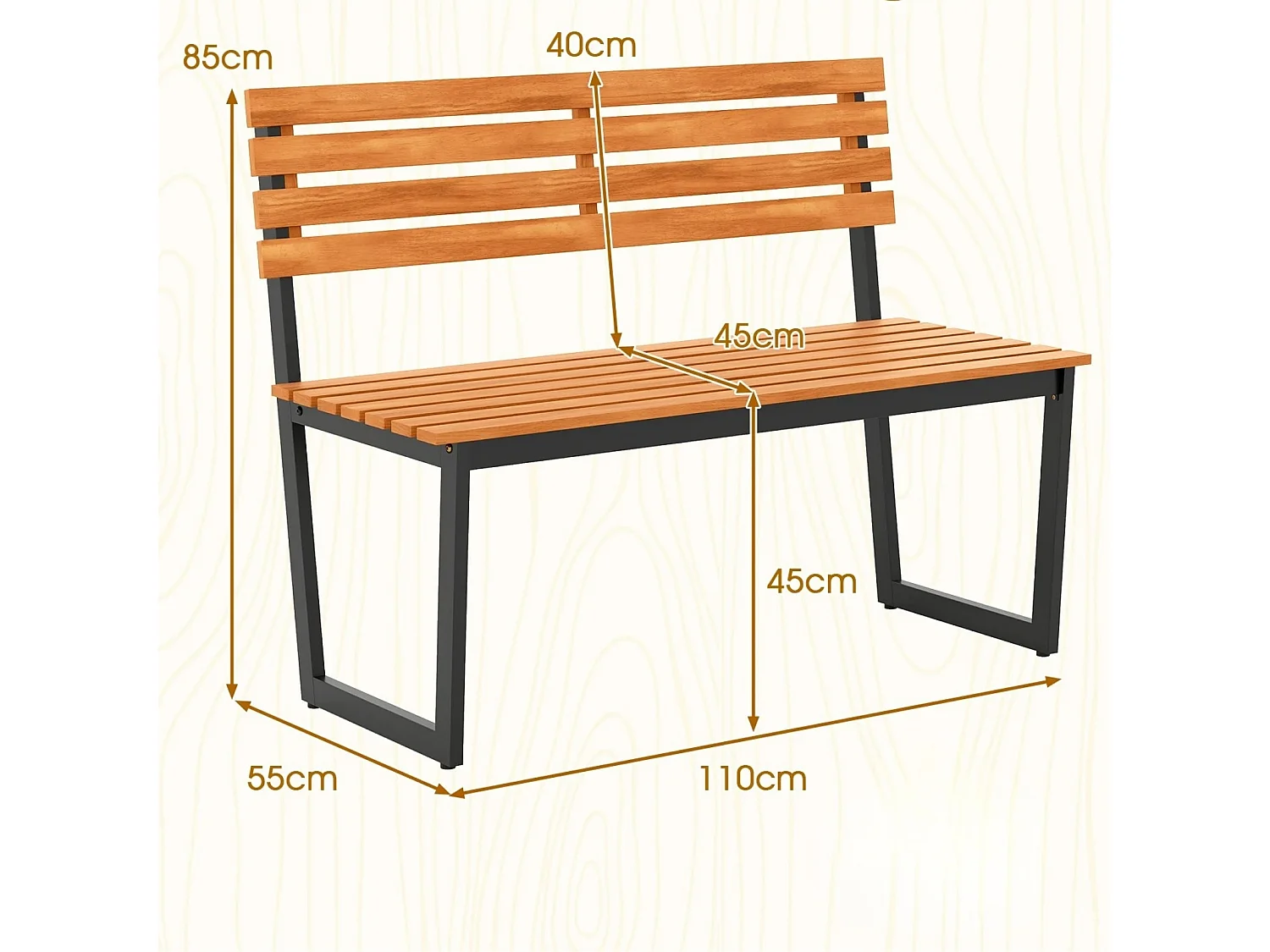 Banc de jardin 2 places en acacia avec cadre métallique Résistant aux intempéries Banc de bois