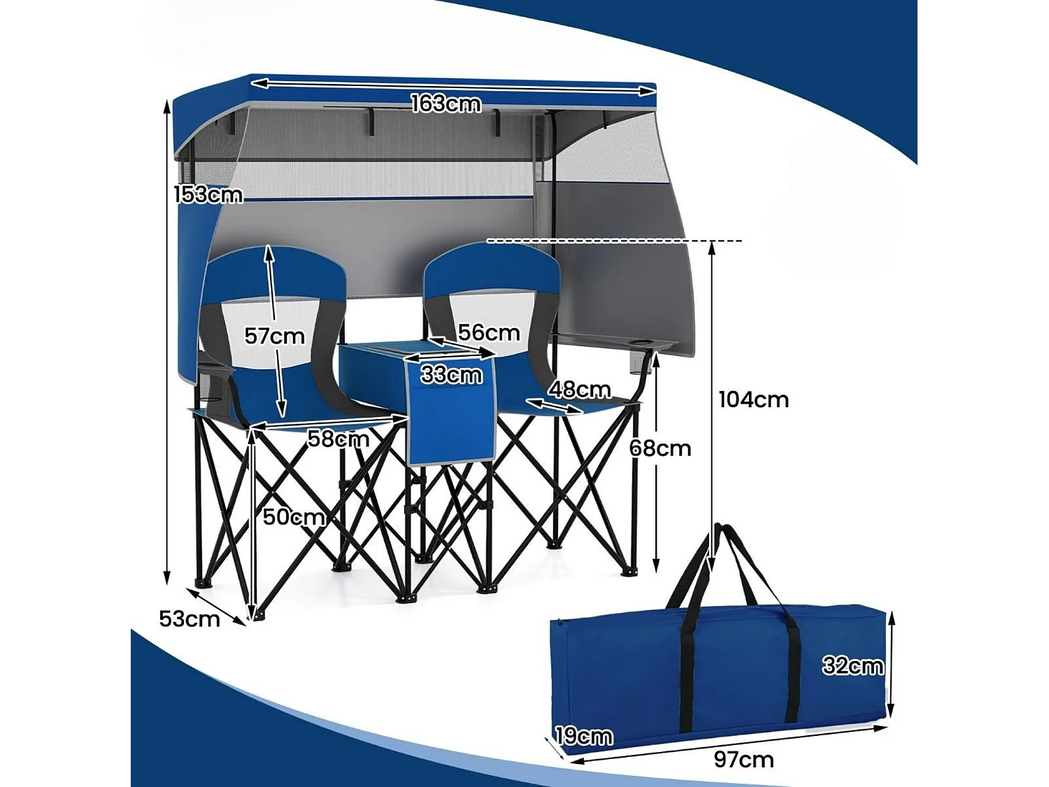 Campingstuhl mit Verstellbarem Sonnenschutz Klappstuhl mit Kühltasche & Becherhalter Marineblau