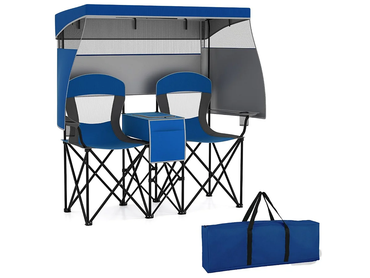 Campingstuhl mit Verstellbarem Sonnenschutz Klappstuhl mit Kühltasche & Becherhalter Marineblau