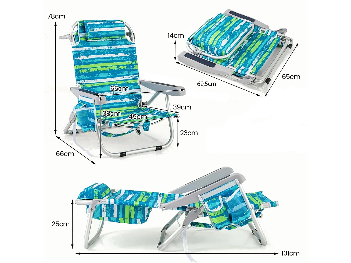 Strandstühle 2er Set klappbare Campingstühle mit Verstellbarer Rückenlehne Blau und Grün (1 Stück)
