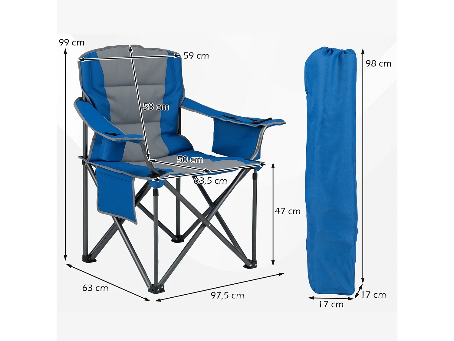 Übergroßer Campingstuhl Tragbarer Klappstuhl mit Reißverschluss-Kühltasche & Getränkehalter Marineblau