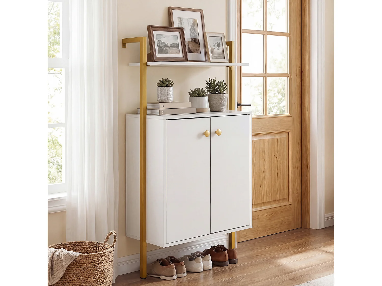 Bibliothèque à 4 niveaux avec armoire à 2 portes & 2 étagères ouvertes Étagère sur pied murale blanche
