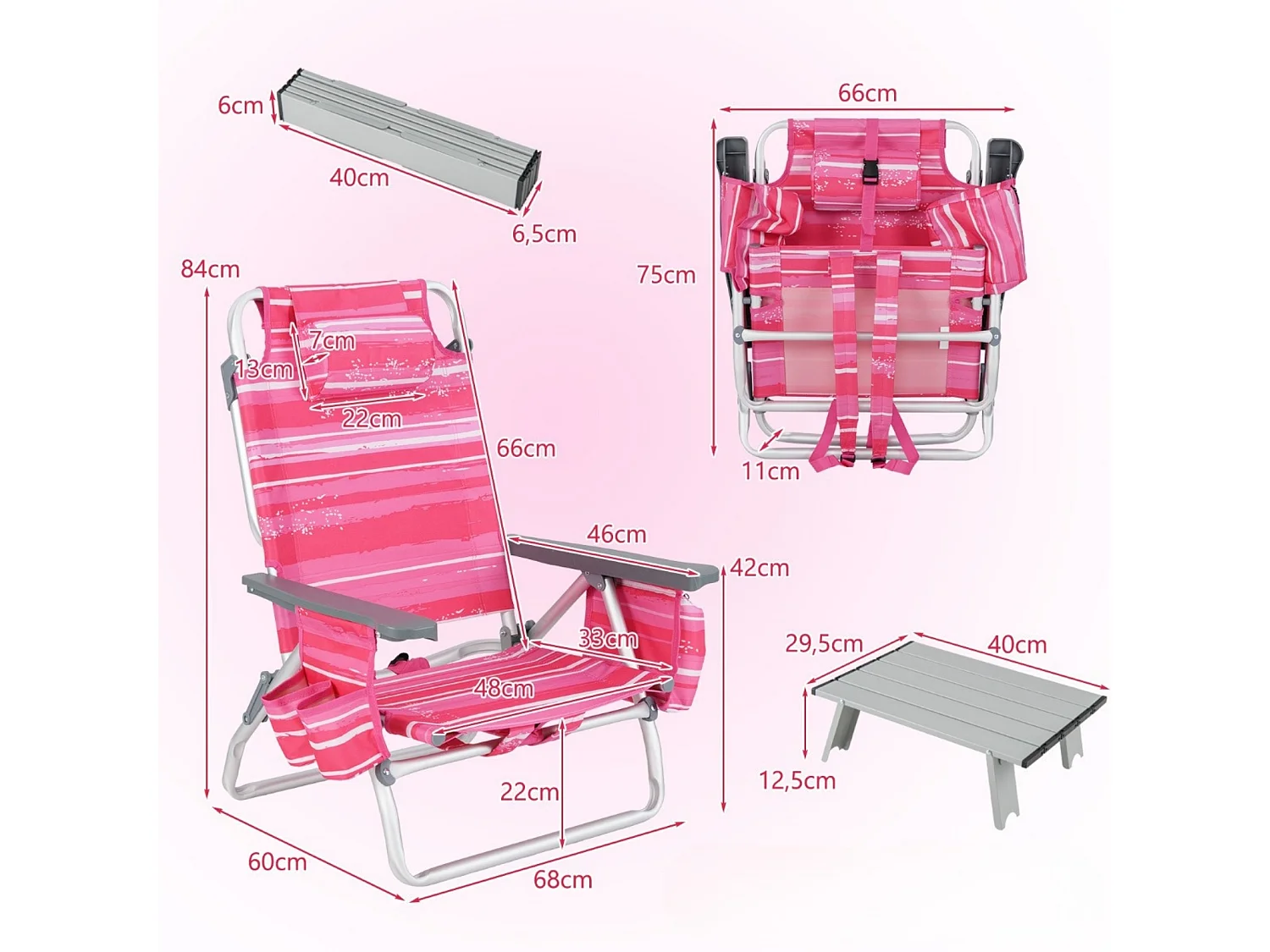 2er Set Strandstühle mit Tisch Klappbare Campingstühle mit Verstellbarer Rückenlehne Rosa