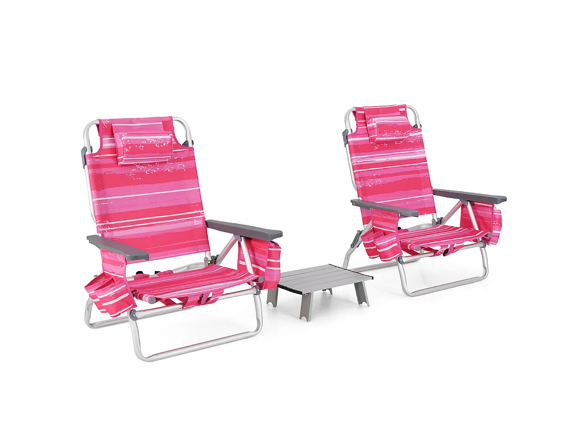 2er Set Strandstühle mit Tisch Klappbare Campingstühle mit Verstellbarer Rückenlehne Rosa