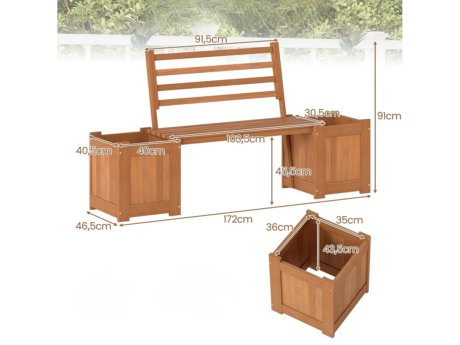 Holz Outdoor Pflanzkasten mit Bank Gartensitz mit 2 Blumenkästen & Rückenlehne Natur