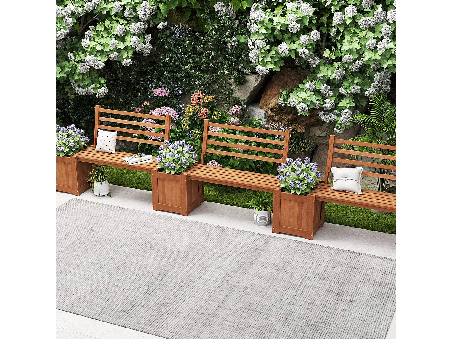 Holz Outdoor Pflanzkasten mit Bank Gartensitz mit 2 Blumenkästen & Rückenlehne Natur