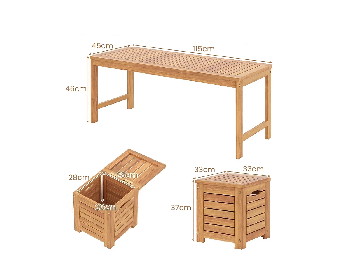Holz Gartenbank mit 3 Aufbewahrungsboxen 2-Sitzer Balkonbank ohne Lehne Holzbank