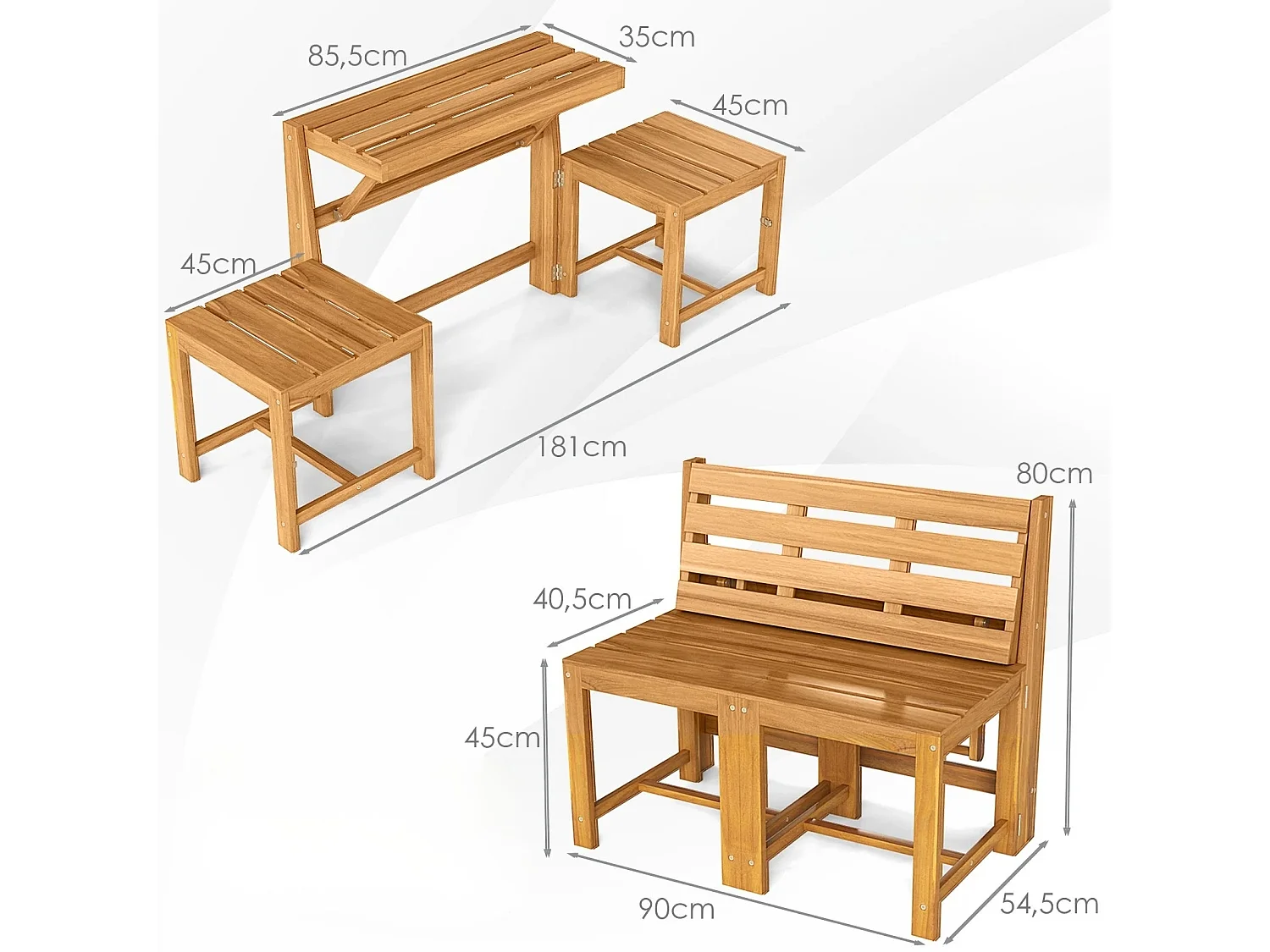 2 in 1 Gartenbank aus Akazienholz Gartentisch mit Sitzbank 2-Sitzer Holzbank Sitzgruppe für Terrasse