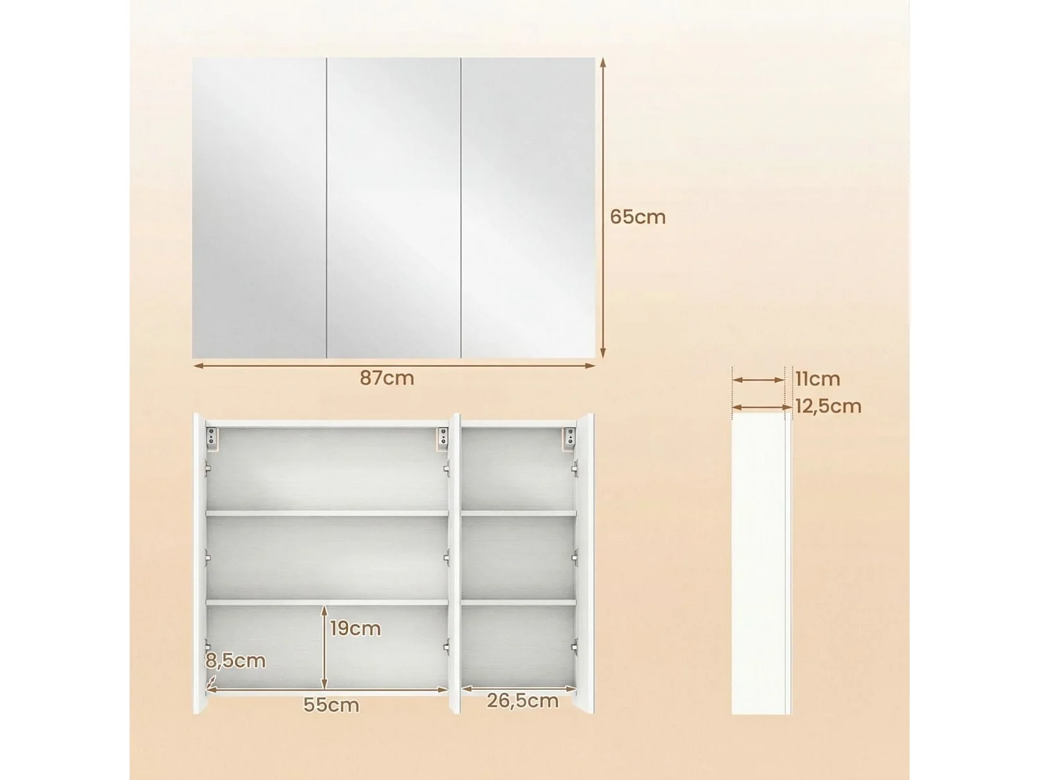Armoire Salle de Bain de 87cm avec Miroir et 3 Portes Armoire à Pharmacie Encastrée ou Murale avec 6 Compartiments Meuble de Rangement Blanc