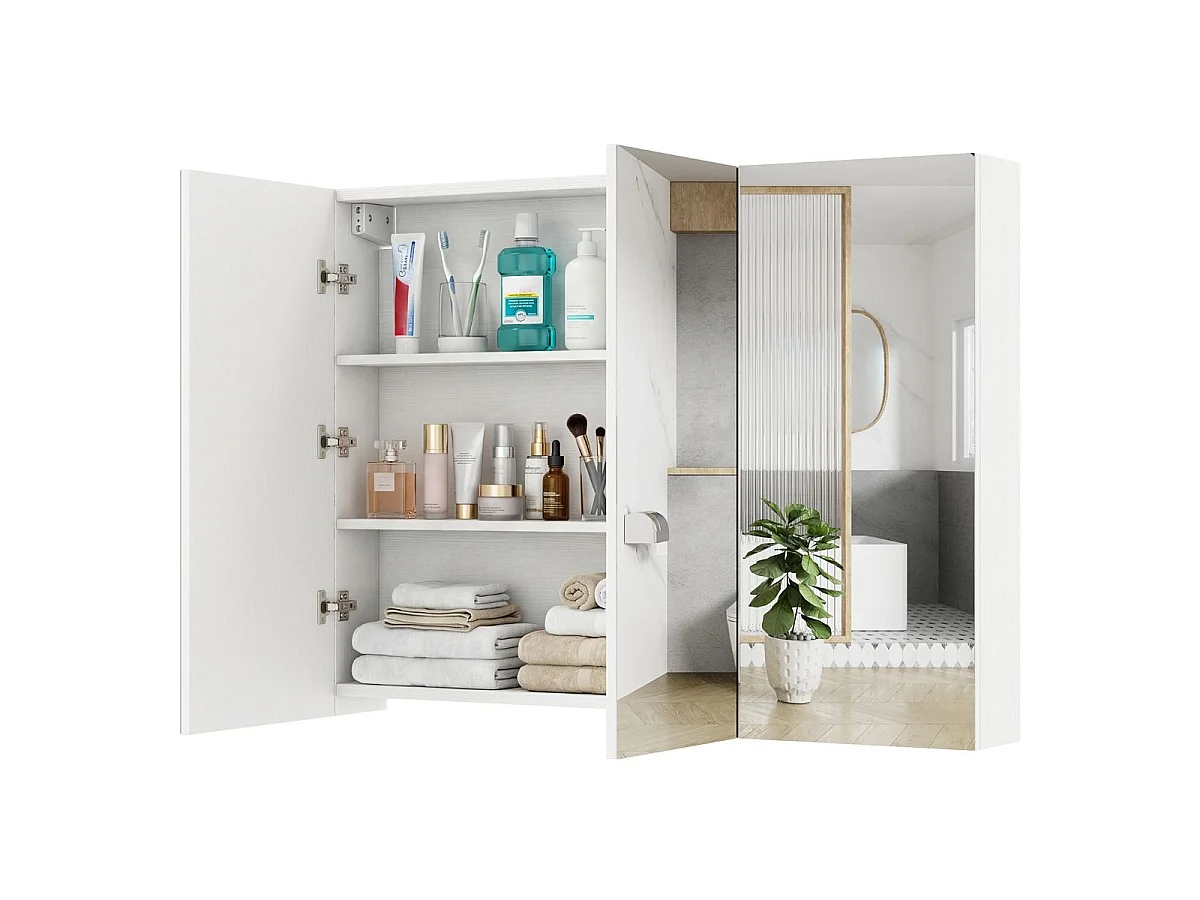 Armoire Salle de Bain de 87cm avec Miroir et 3 Portes Armoire à Pharmacie Encastrée ou Murale avec 6 Compartiments Meuble de Rangement Blanc
