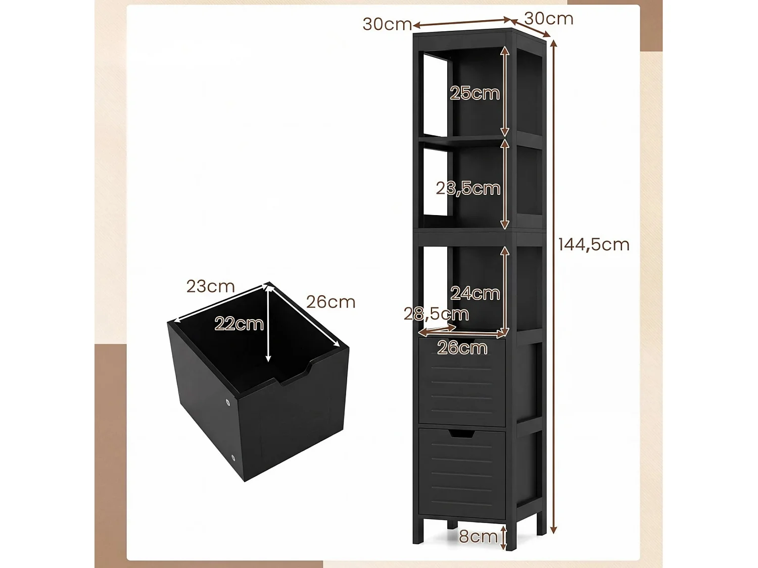 Badezimmer Hochschrank Badhochschrank Badschrank mit 2 Schubladen Holz Schwarz 30 x 30 x 144,5 cm