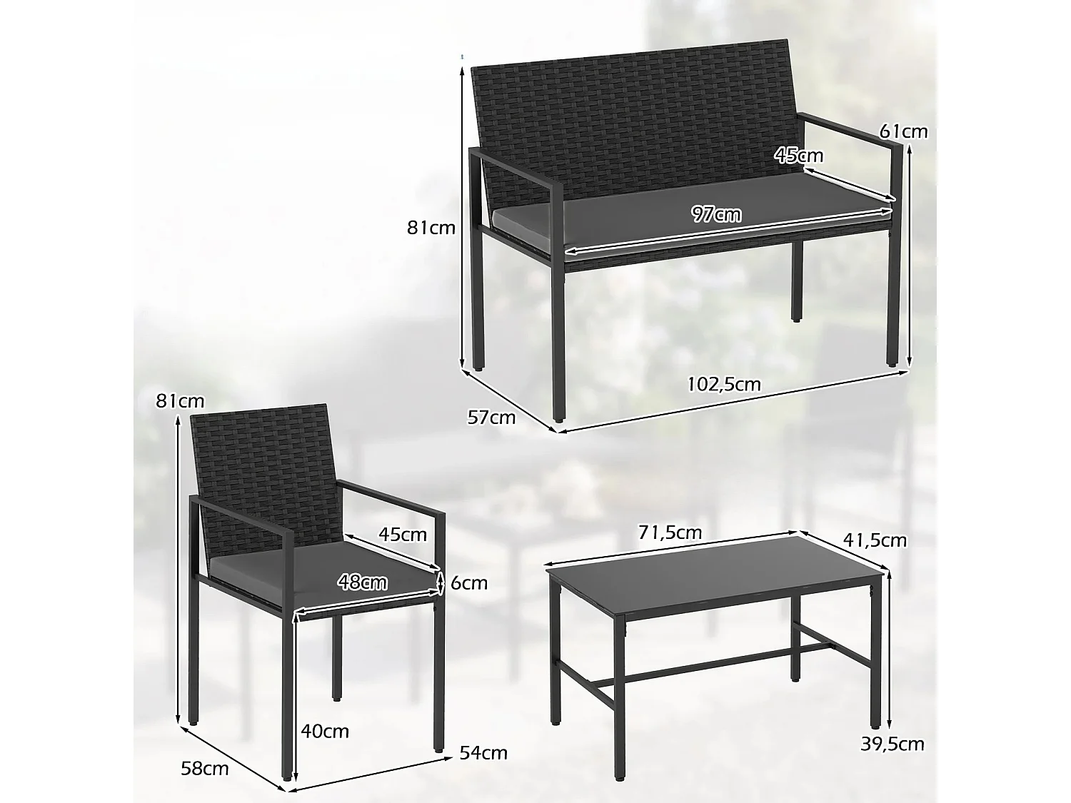 Set di mobili da giardino composto da 4 pezzi: tavolino, panca e 2 sedie