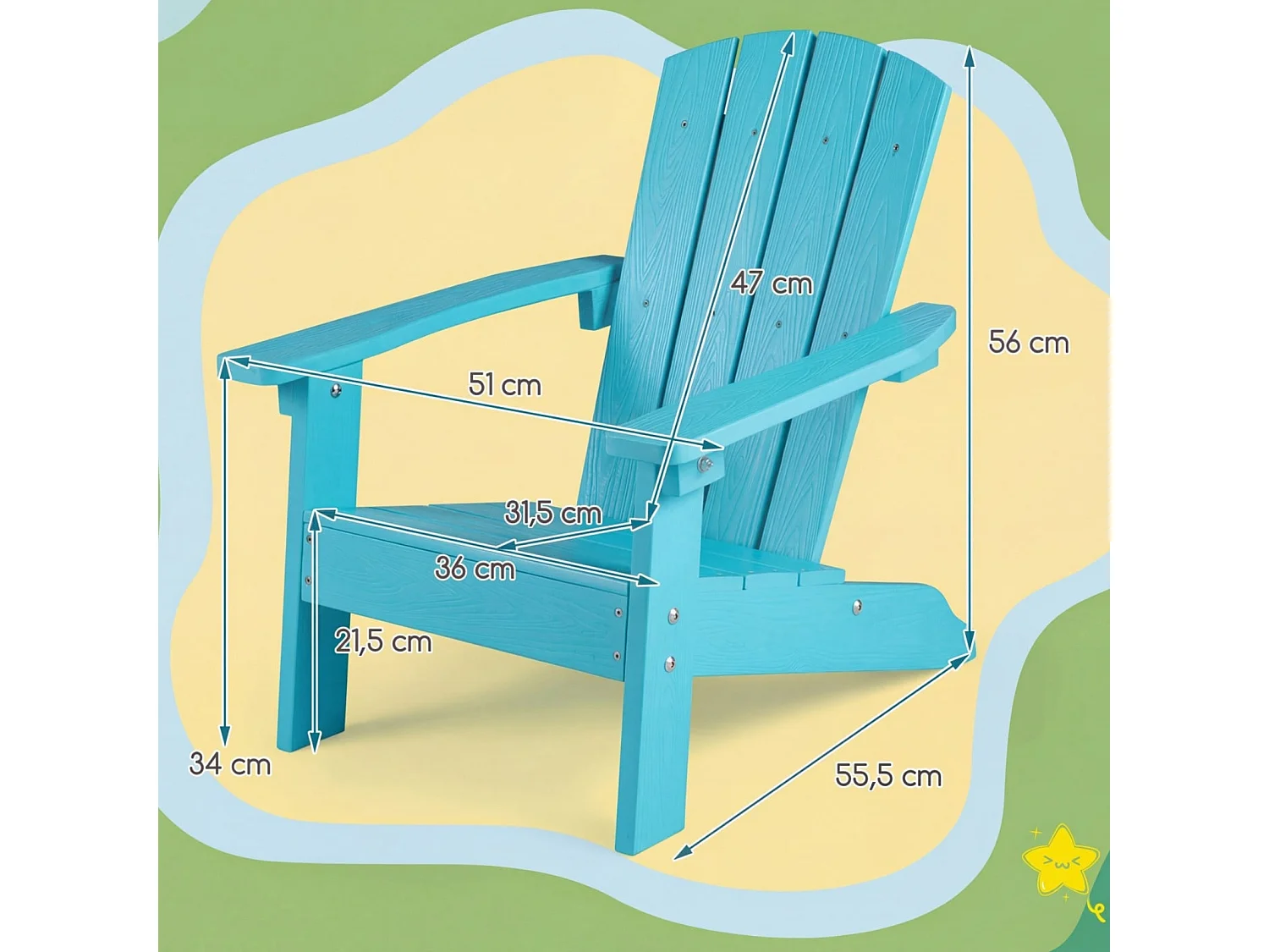 Kinder Adirondack Stuhl aus HIPS Gartenstuhl mit Ergonomischer Rückenlehne Türkis