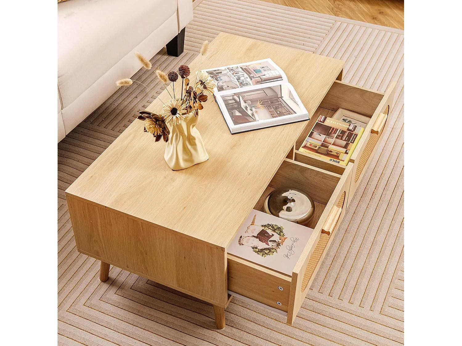 Houten salontafel geweven rotan, 2 laden, 100 x 50 x 41 cm