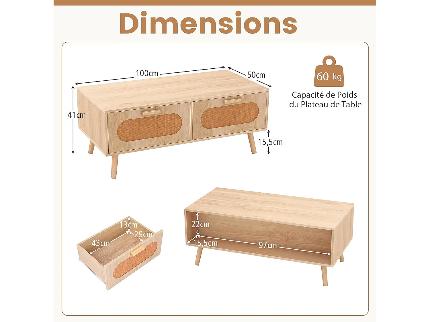 Houten salontafel geweven rotan, 2 laden, 100 x 50 x 41 cm