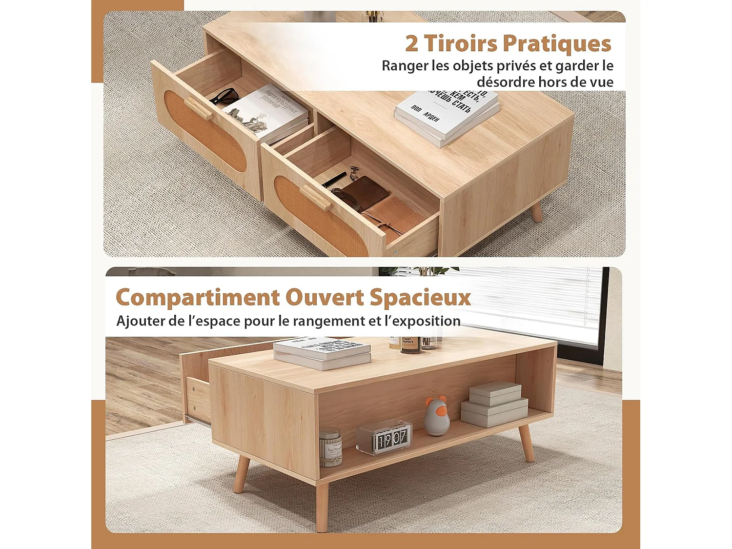 Houten salontafel geweven rotan, 2 laden, 100 x 50 x 41 cm