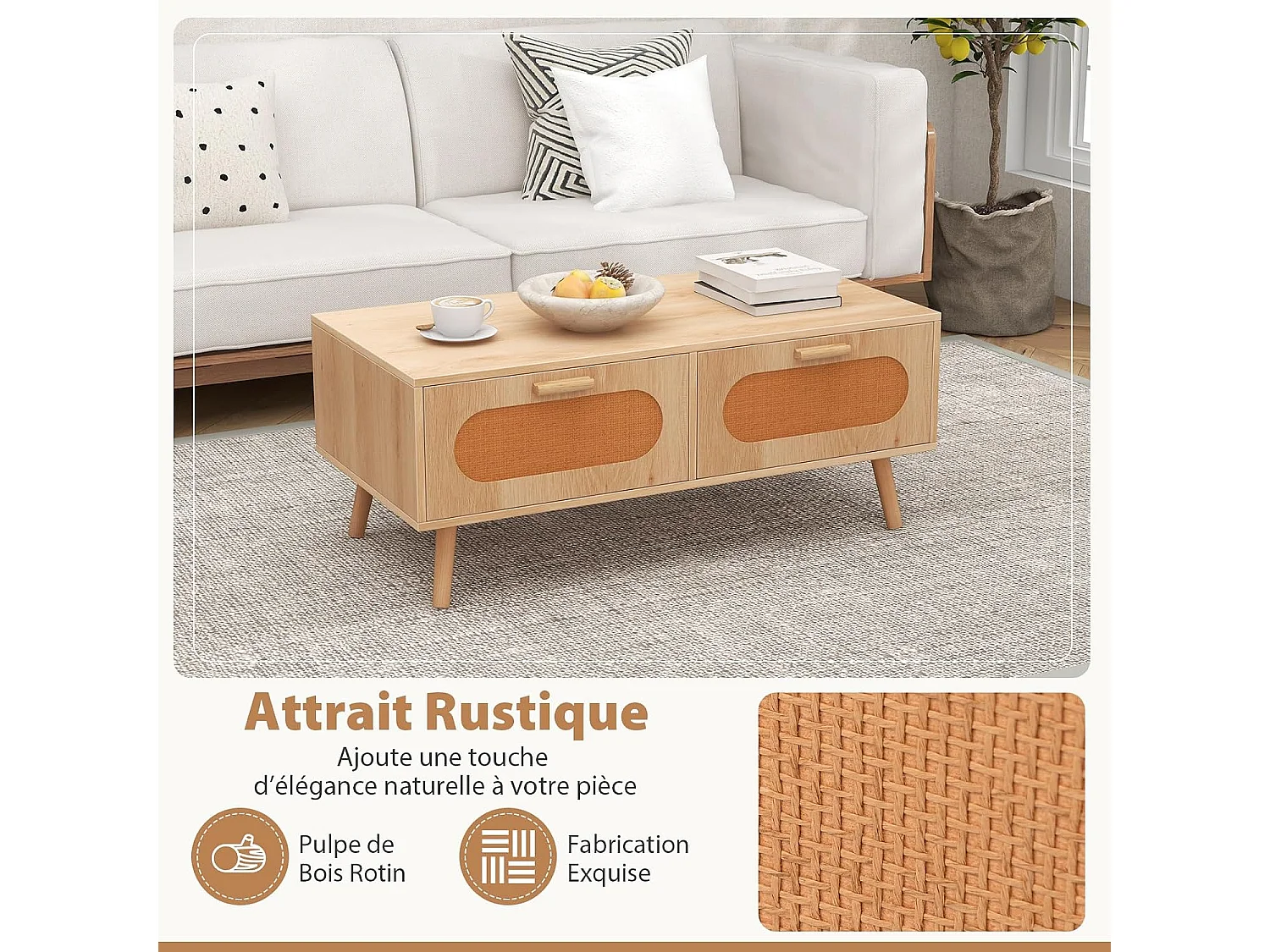 Houten salontafel geweven rotan, 2 laden, 100 x 50 x 41 cm