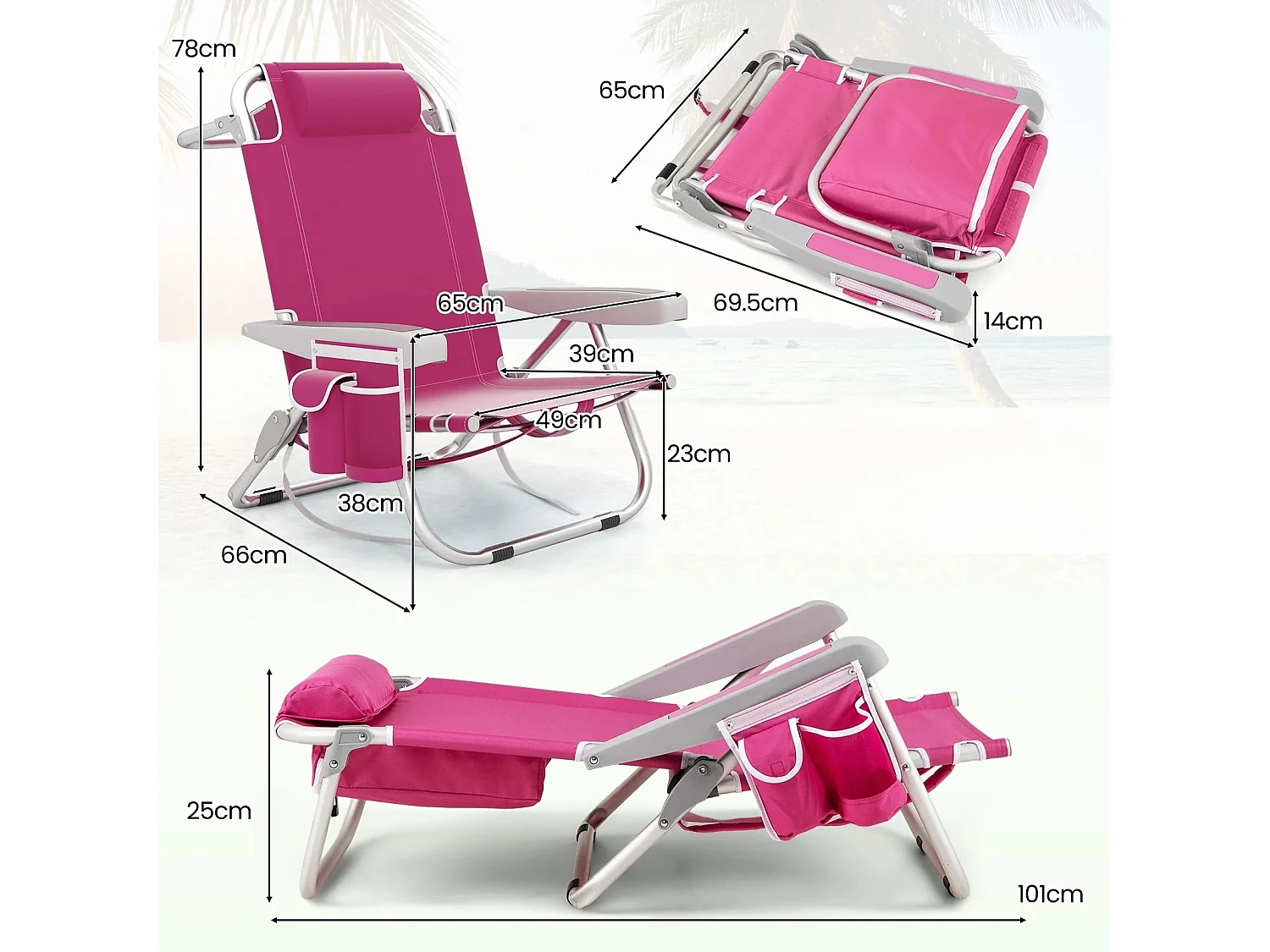 Klappbarer Strandstuhl mit Verstellbarer Rückenlehne & Seitentaschen Campingstuhl Rosa