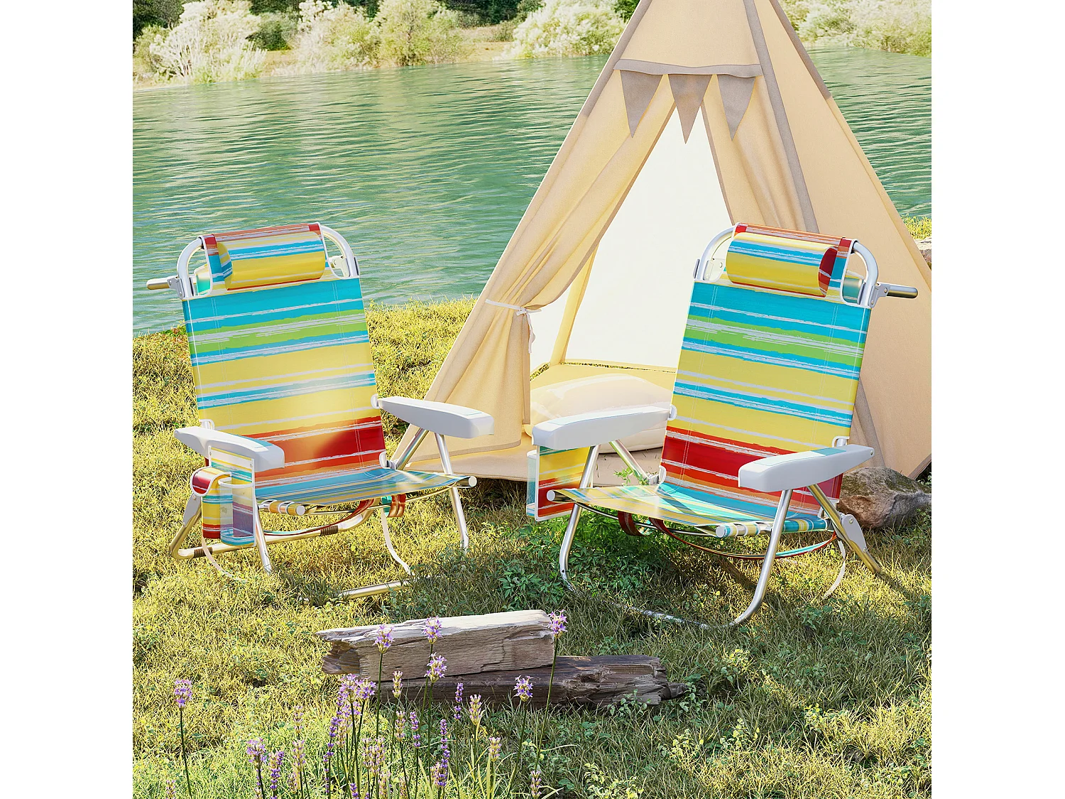 Klappbarer Strandstuhl mit Verstellbarer Rückenlehne Leichter Campingstuhl Blauer Streifen Bunt