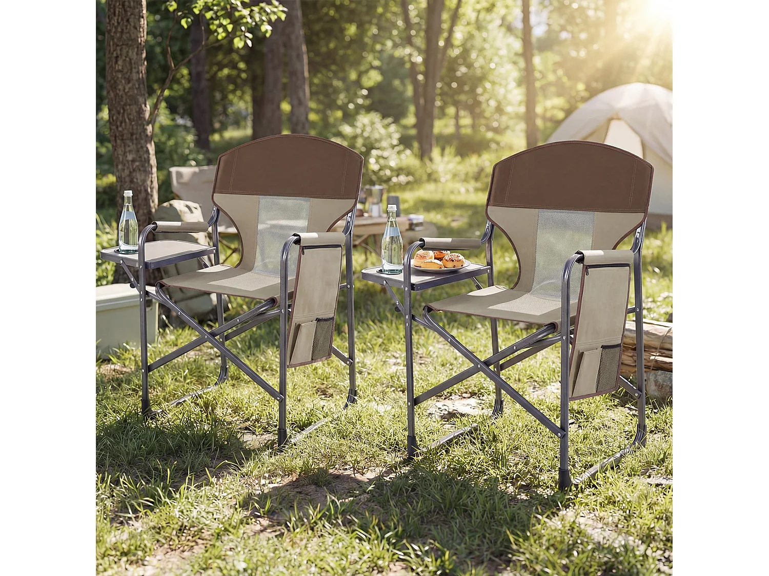 Klappbarer Regiestuhl mit Seitentisch & Seitentasche & Getränkehalter Campingstuhl Braun
