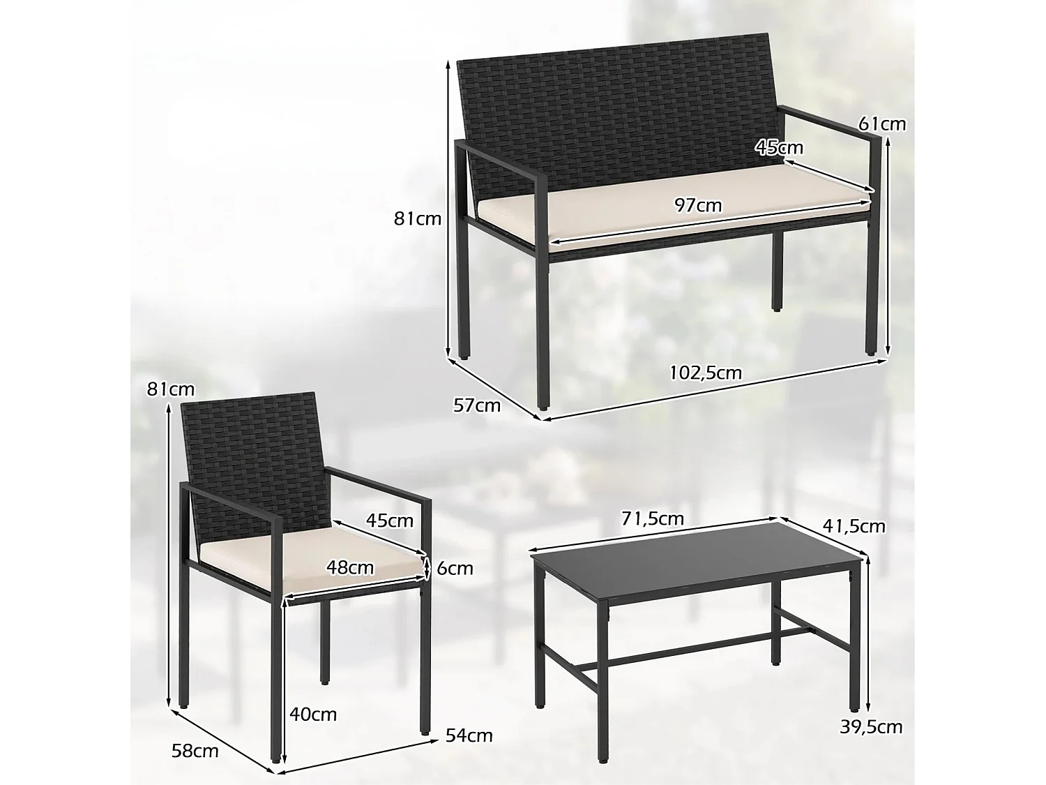 Set di mobili da giardino composto da 4 pezzi: tavolino, panca e 2 sedie