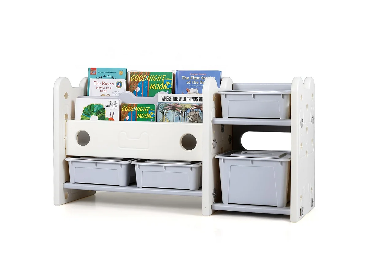 2 in 1 Kinder Spielzeugregal mit Bücherregal 2-stufiges Kinderbuchregal mit 4 Aufbewahrungsboxen Weiß