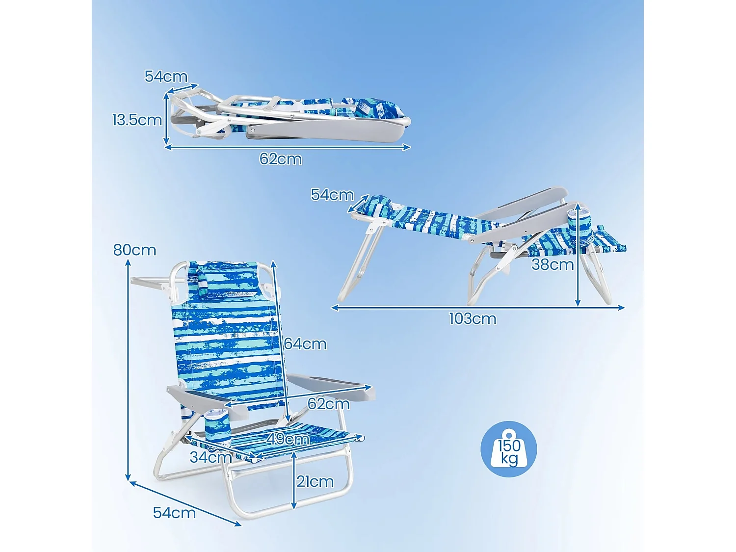 Strandstühle klappbar leicht 2er Set Campingstühle mit verstellbarer Rückenlehne Blau