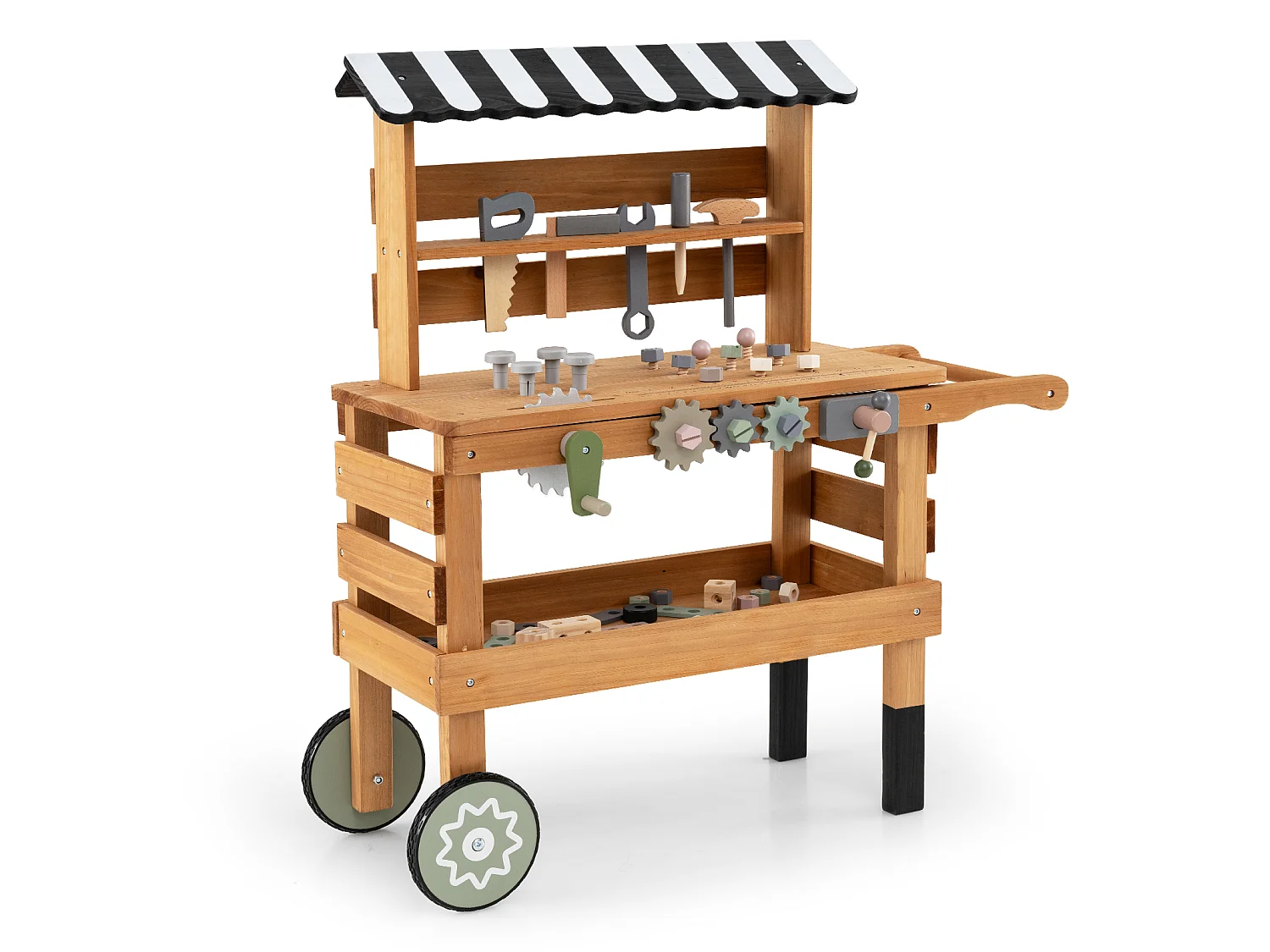 Chariot en Bois 2 en 1 pour Enfants & Banc à Outils Atelier de Jeu avec Outils Réalistes et Accessoires 2 Grandes Roues pour 3+ Ans Brun