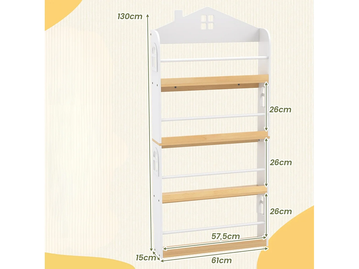 Kinderbücherregal in Hausform mit Anti-Fall-Schutz & Metallstangen Montessori Kinderregal