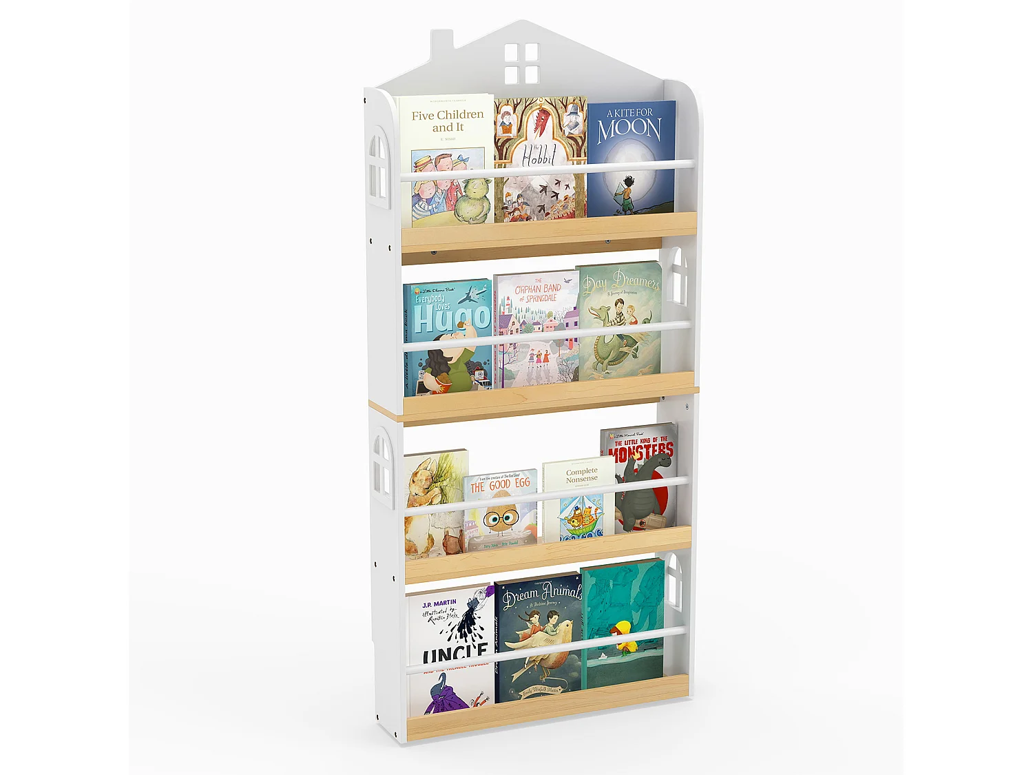 Kinderbücherregal in Hausform mit Anti-Fall-Schutz & Metallstangen Montessori Kinderregal