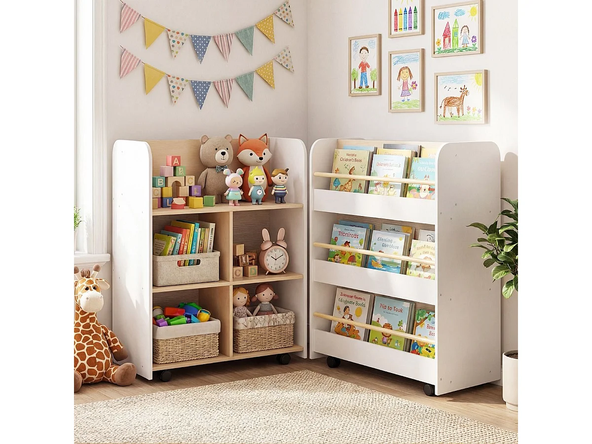 3-stöckiges Kinderbücherregal mit Rollen doppelseitige Buchanzeige & Aufbewahrungswagen Weiß