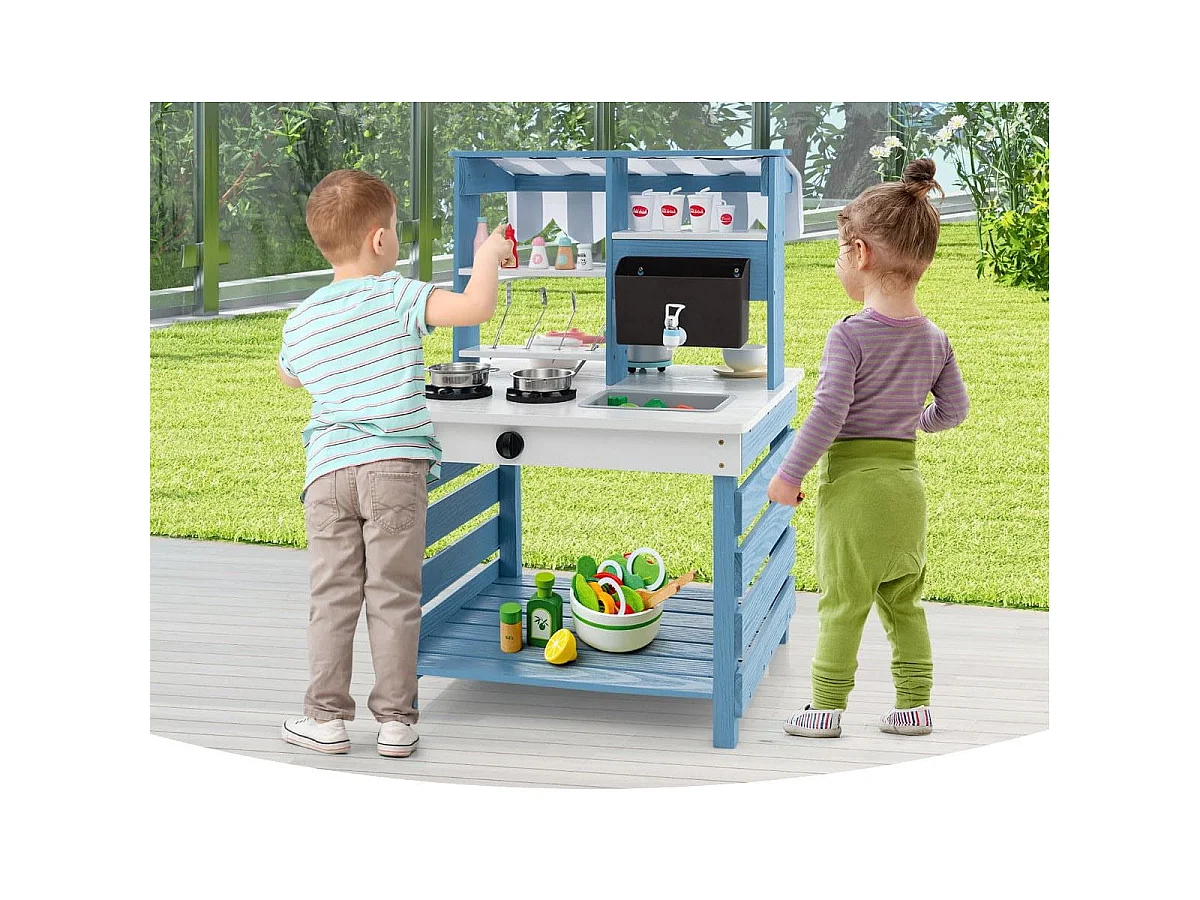 Cuisine de Jeu 2 en 1 en Bois avec Cuisinières Evier Réservoir à Eau Robinet et Ustensiles de Cuisine Jeu de Cuisine avec Toit pour 3+ Ans